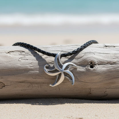 Starfish Necklace - "Starry" - Pewter on Cord - Big Blue