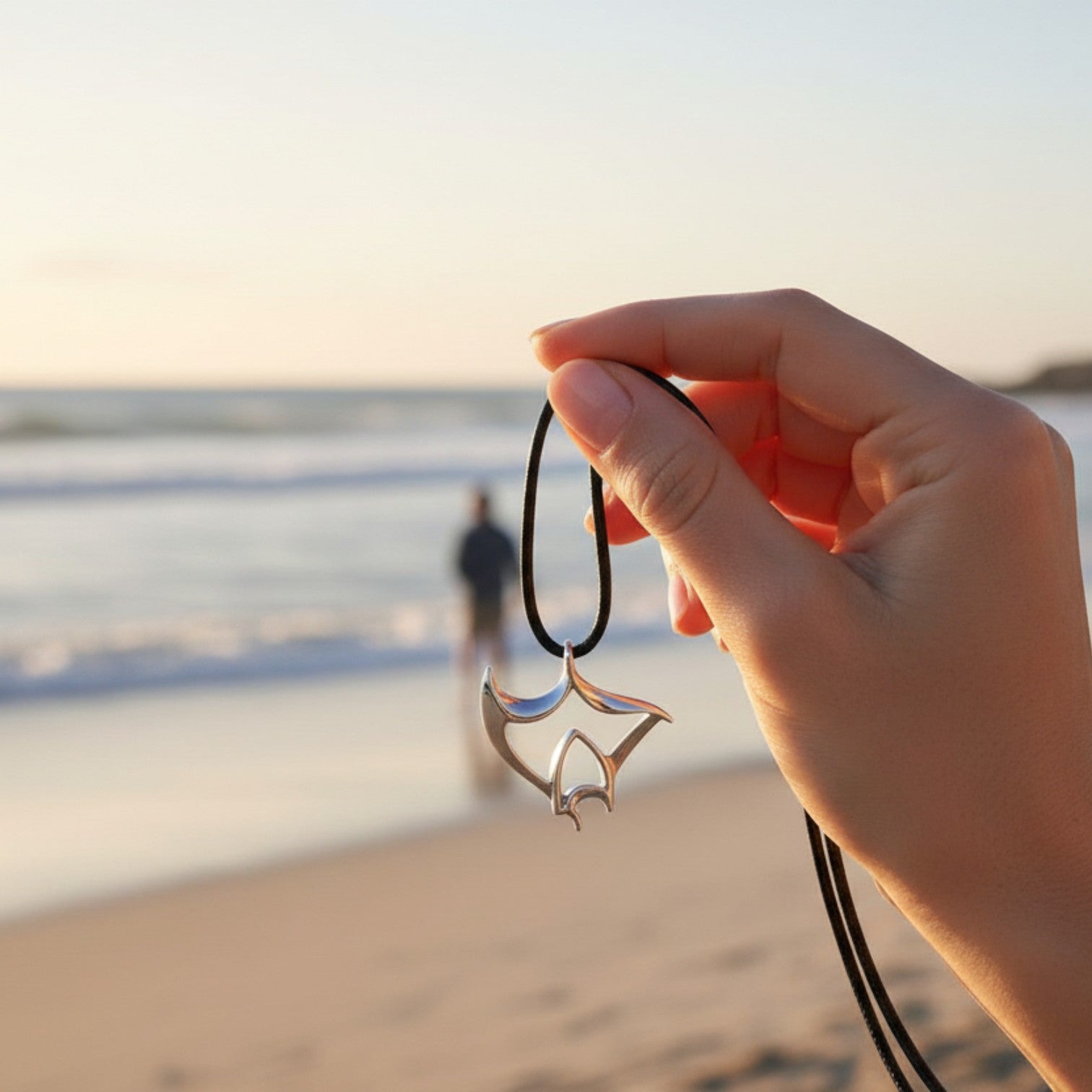 Manta Ray Cord Necklace - "Big Ray" - Pewter on Eco Cord - Big Blue