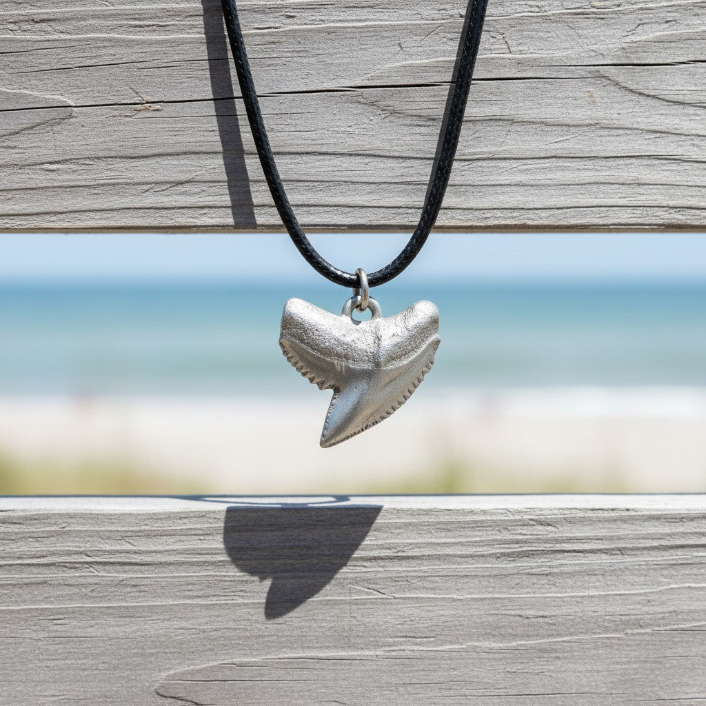 Shark Tooth Necklace – “Emma” Tiger Shark - Pewter on Cord - Big Blue