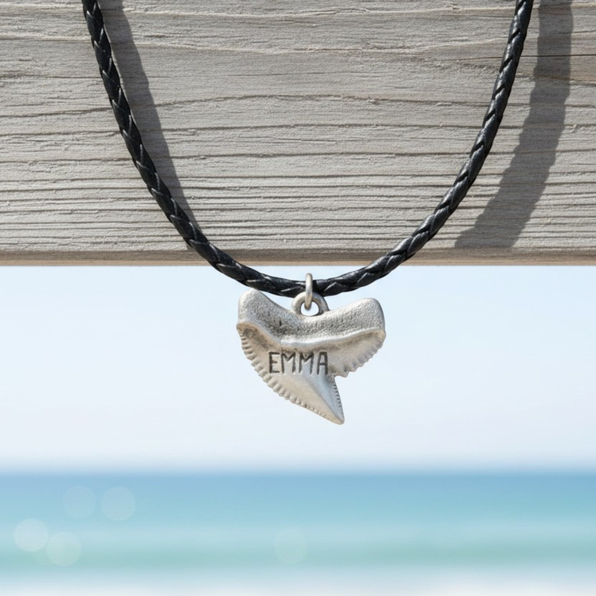 Shark Tooth Necklace – “Emma” Tiger Shark - Pewter on Cord - Big Blue