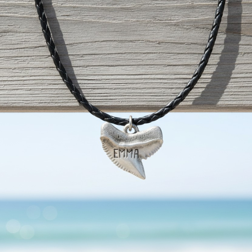 Shark Tooth Necklace – “Emma” Tiger Shark - Pewter on Cord - Big Blue