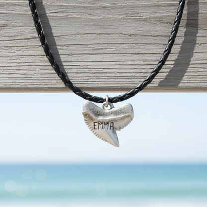 Shark Tooth Necklace – “Emma” Tiger Shark - Pewter on Cord - Big Blue