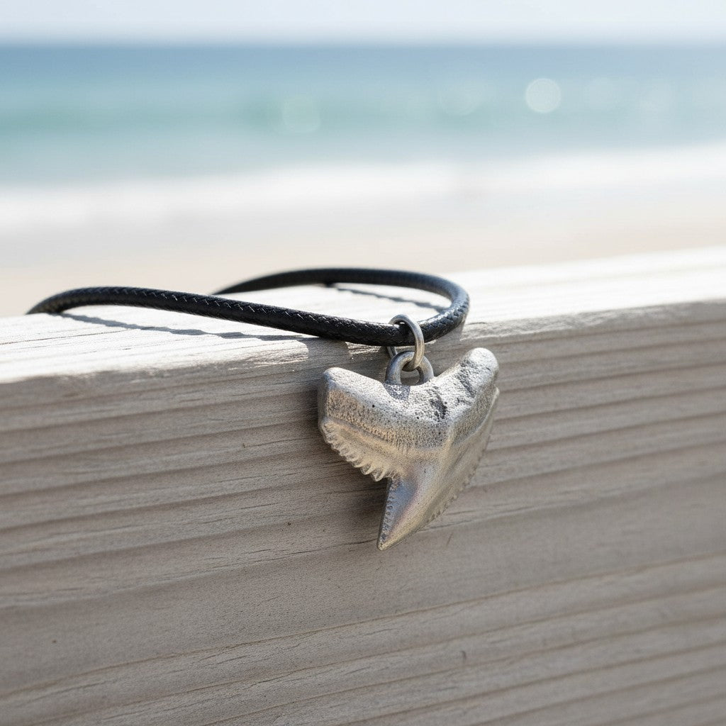 Shark Tooth Necklace – “Emma” Tiger Shark - Pewter on Cord - Big Blue