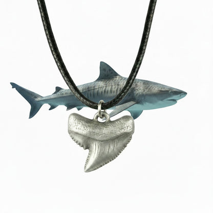 Shark Tooth Necklace – “Emma” Tiger Shark - Pewter on Cord - Big Blue
