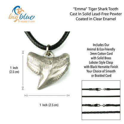 Shark Tooth Necklace – “Emma” Tiger Shark - Pewter on Cord - Big Blue