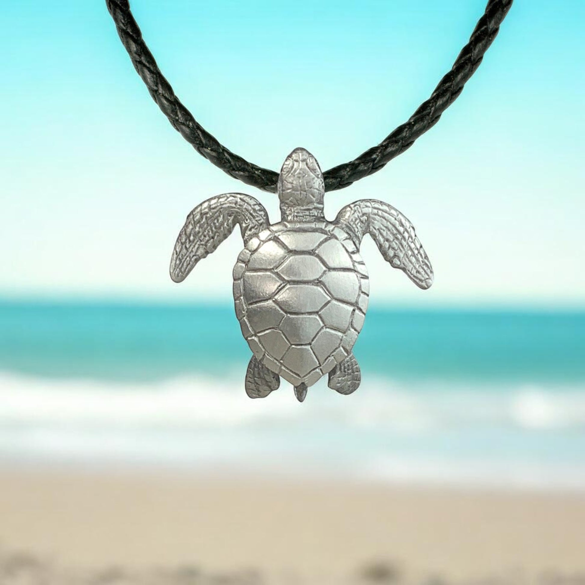 Sea Turtle Necklace- Sealife Collection - Pewter on Cord - Big Blue