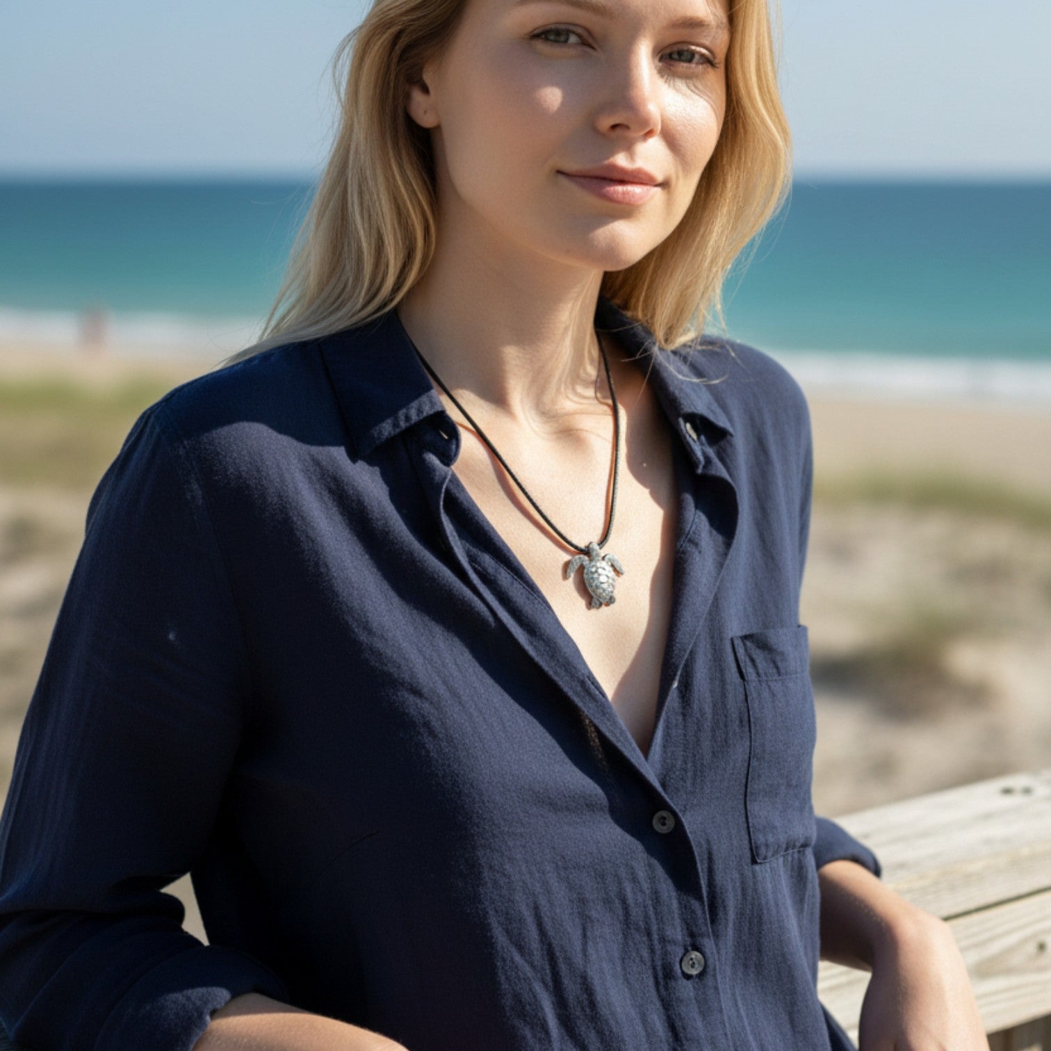 Sea Turtle Necklace- Sealife Collection - Pewter on Cord - Big Blue