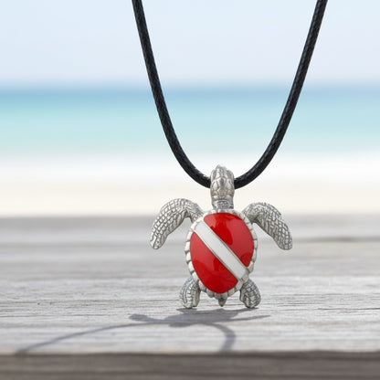 Hawksbill Sea Turtle Necklace Pendant with Dive Flag – Diver’s Collection - Pewter - Big Blue
