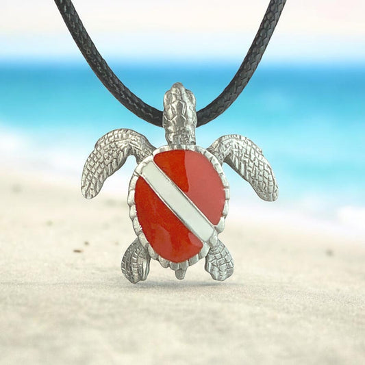 Hawksbill Sea Turtle Necklace Pendant with Dive Flag – Diver’s Collection - Pewter - Big Blue
