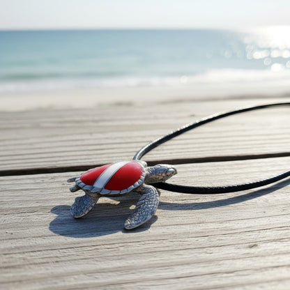 Hawksbill Sea Turtle Necklace Pendant with Dive Flag – Diver’s Collection - Pewter - Big Blue