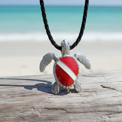 Hawksbill Sea Turtle Necklace Pendant with Dive Flag – Diver’s Collection - Pewter - Big Blue