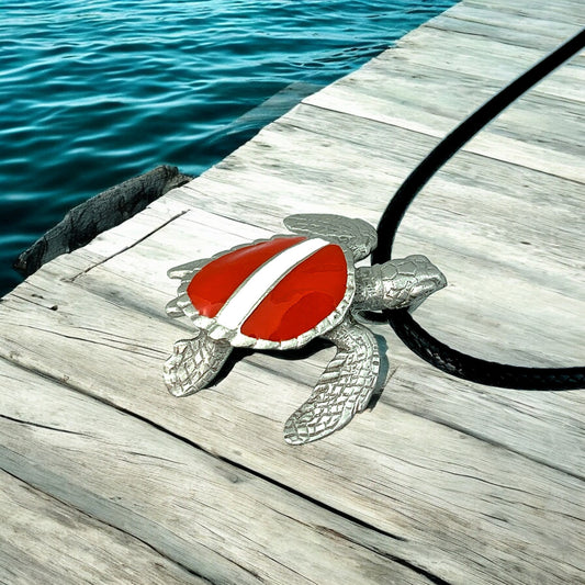 Sea Turtle Necklace Pendant with Dive Flag-  Dive Flag Sea Turtle Gifts, Dive Turtle Necklaces, Diving Gifts for Turtle Lovers, Jewelry for Divers - Big Blue