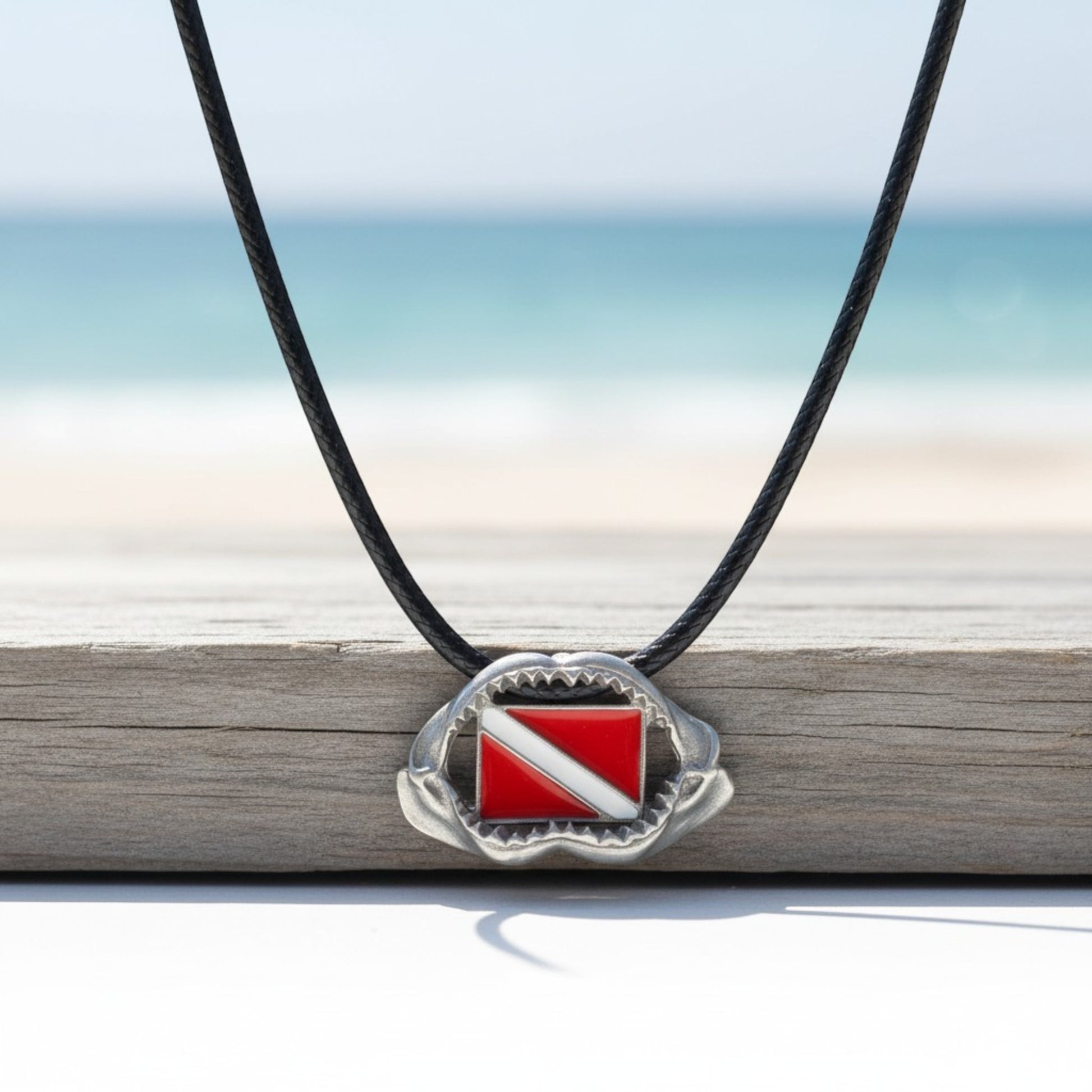 Shark Jaw Necklace with Dive Flag – Diver’s Collection – Pewter Pendant - Big Blue