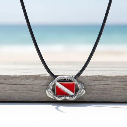 Shark Jaw Necklace with Dive Flag – Diver’s Collection – Pewter Pendant - Big Blue