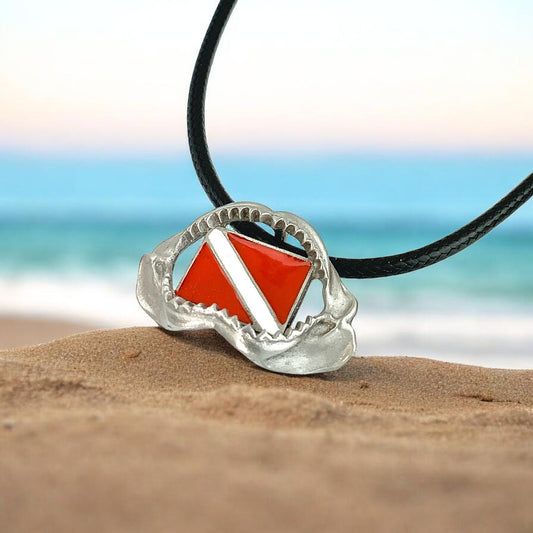Shark Jaw Necklace with Dive Flag – Diver’s Collection – Pewter Pendant - Big Blue