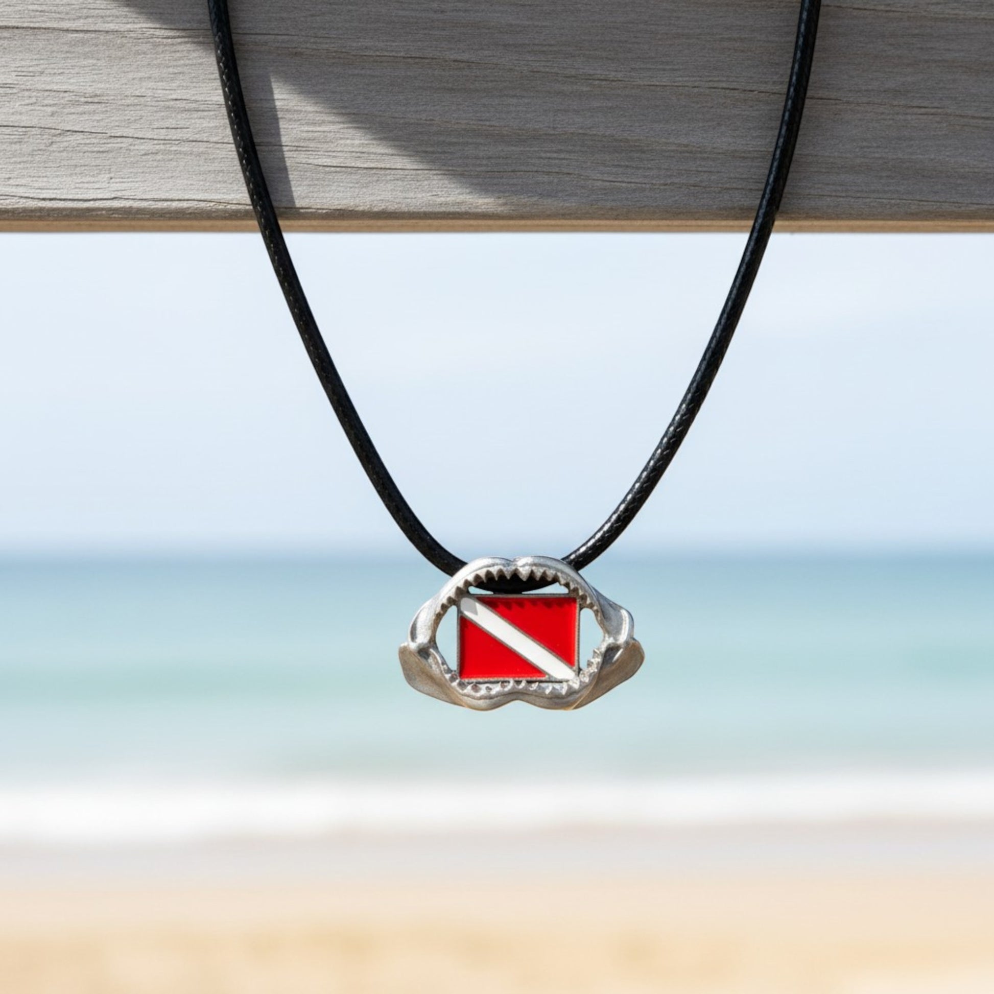 Shark Jaw Necklace with Dive Flag – Diver’s Collection – Pewter Pendant - Big Blue