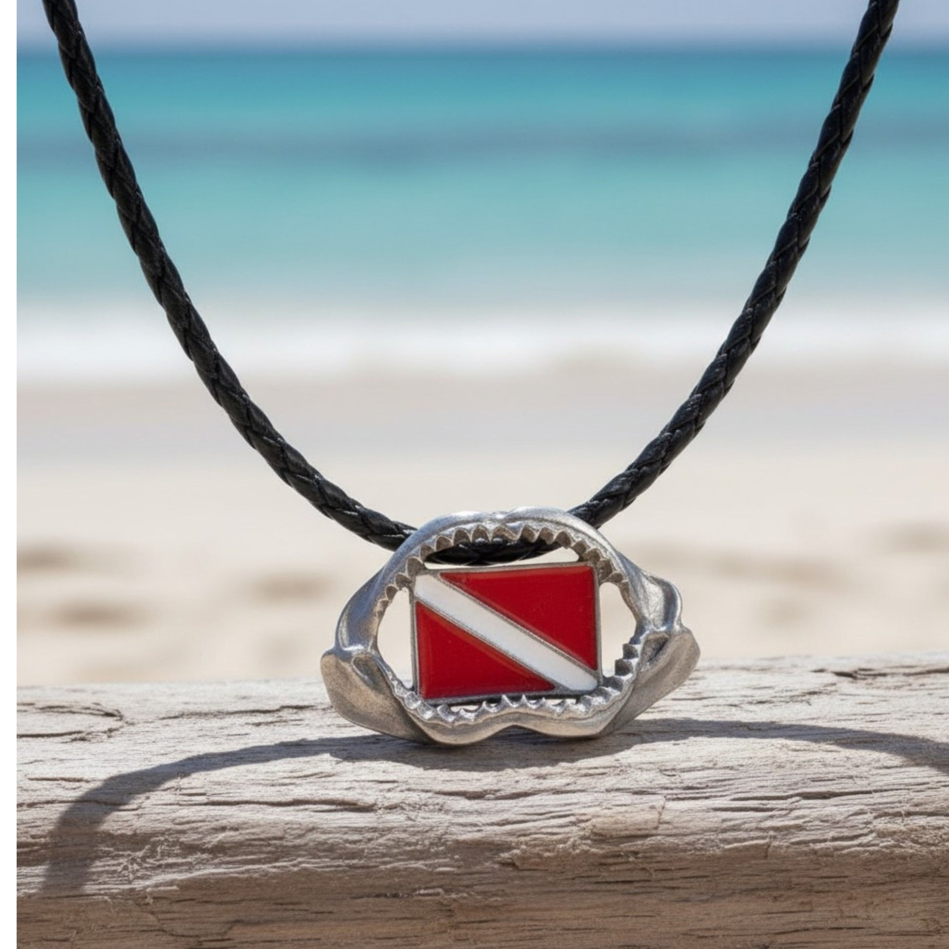 Shark Jaw Necklace with Dive Flag – Diver’s Collection – Pewter Pendant - Big Blue