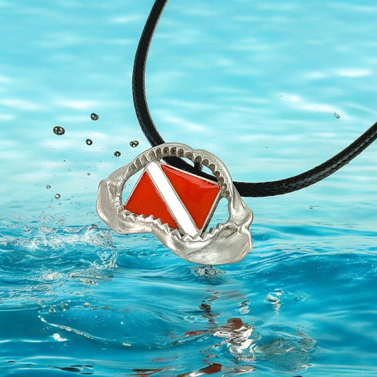 Shark Jaw Necklace- Shark Tooth Gifts, Shark Tooth Necklace, Gifts for Shark Lovers, Scuba Diving Jewelry, Shark Tooth Charm with Dive Flag - Big Blue