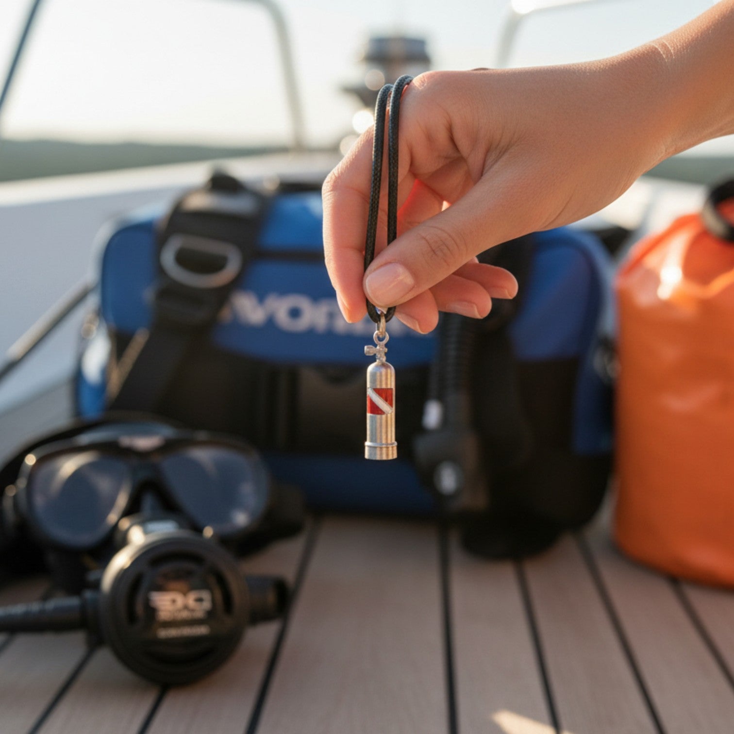 Scuba Tank Necklace with Dive Flag – Diver’s Collection - Pewter on Cord - Big Blue