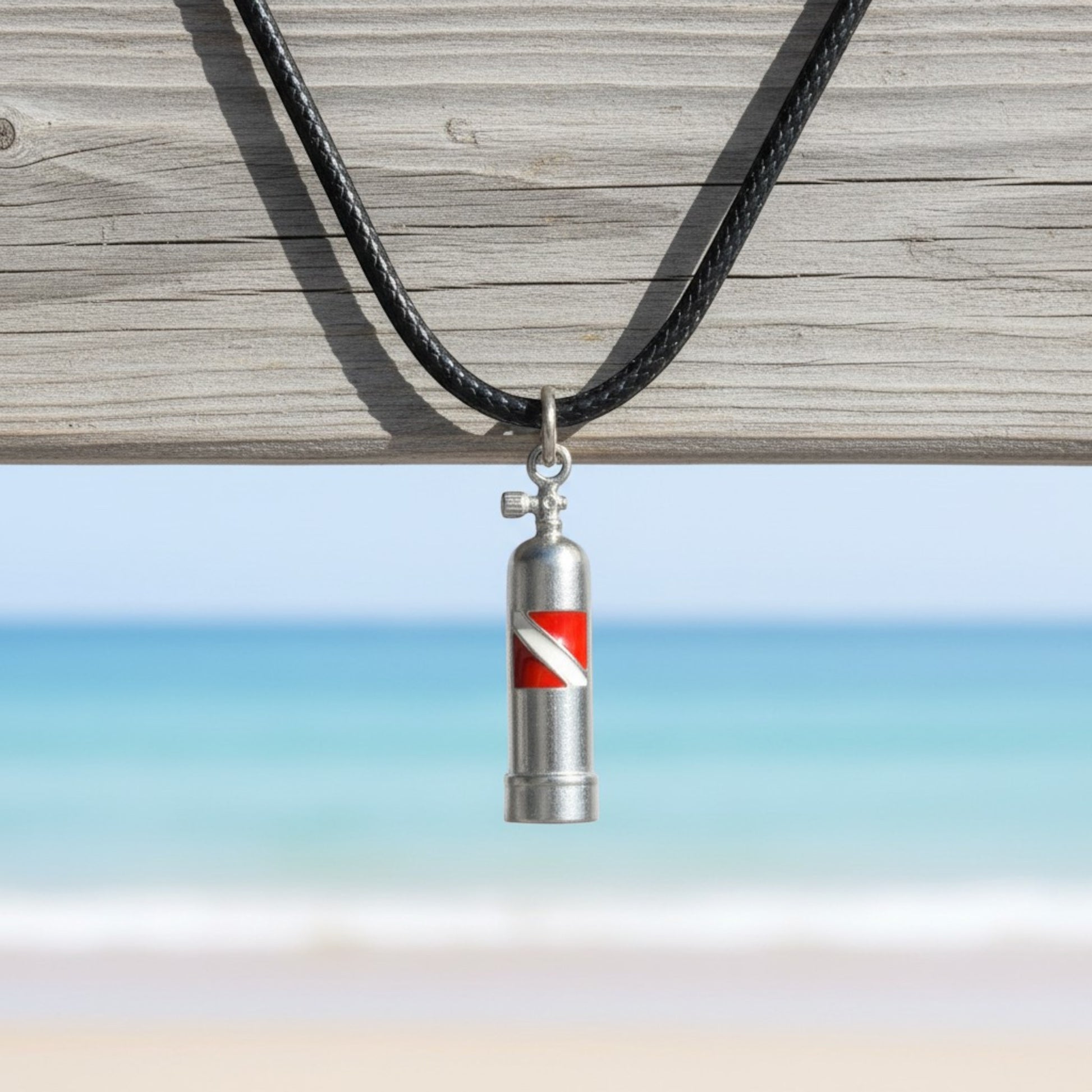 Scuba Tank Necklace with Dive Flag – Diver’s Collection - Pewter on Cord - Big Blue