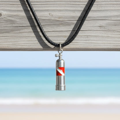 Scuba Tank Necklace with Dive Flag – Diver’s Collection - Pewter on Cord - Big Blue