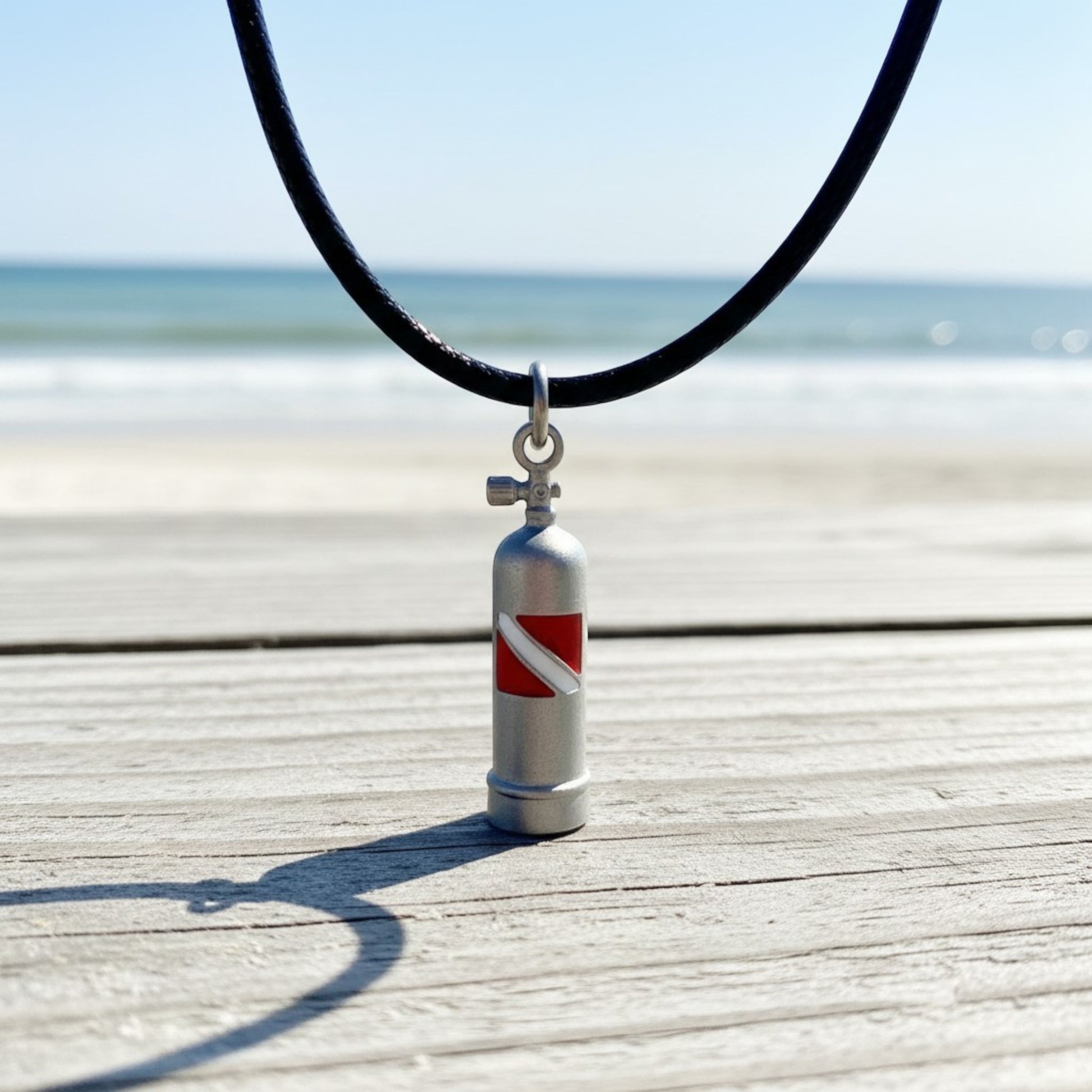 Scuba Tank Necklace with Dive Flag – Diver’s Collection - Pewter on Cord - Big Blue