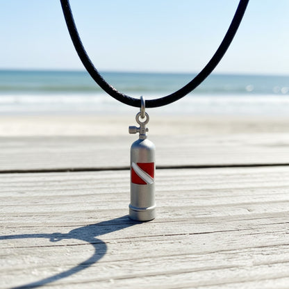 Scuba Tank Necklace with Dive Flag – Diver’s Collection - Pewter on Cord - Big Blue