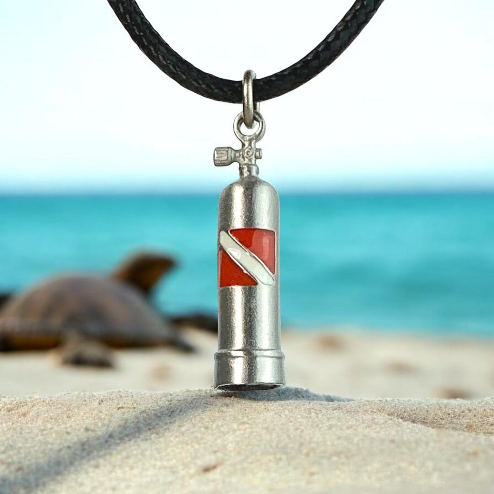 Scuba Tank Necklace with Dive Flag – Diver’s Collection - Pewter on Cord - Big Blue