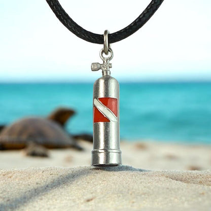 Scuba Tank Necklace with Dive Flag – Diver’s Collection - Pewter on Cord - Big Blue