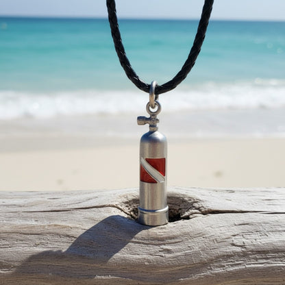 Scuba Tank Necklace with Dive Flag – Diver’s Collection - Pewter on Cord - Big Blue