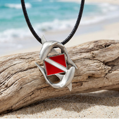 Sharks and Dive Flag Necklace – Diver’s Collection – Pewter - Big Blue