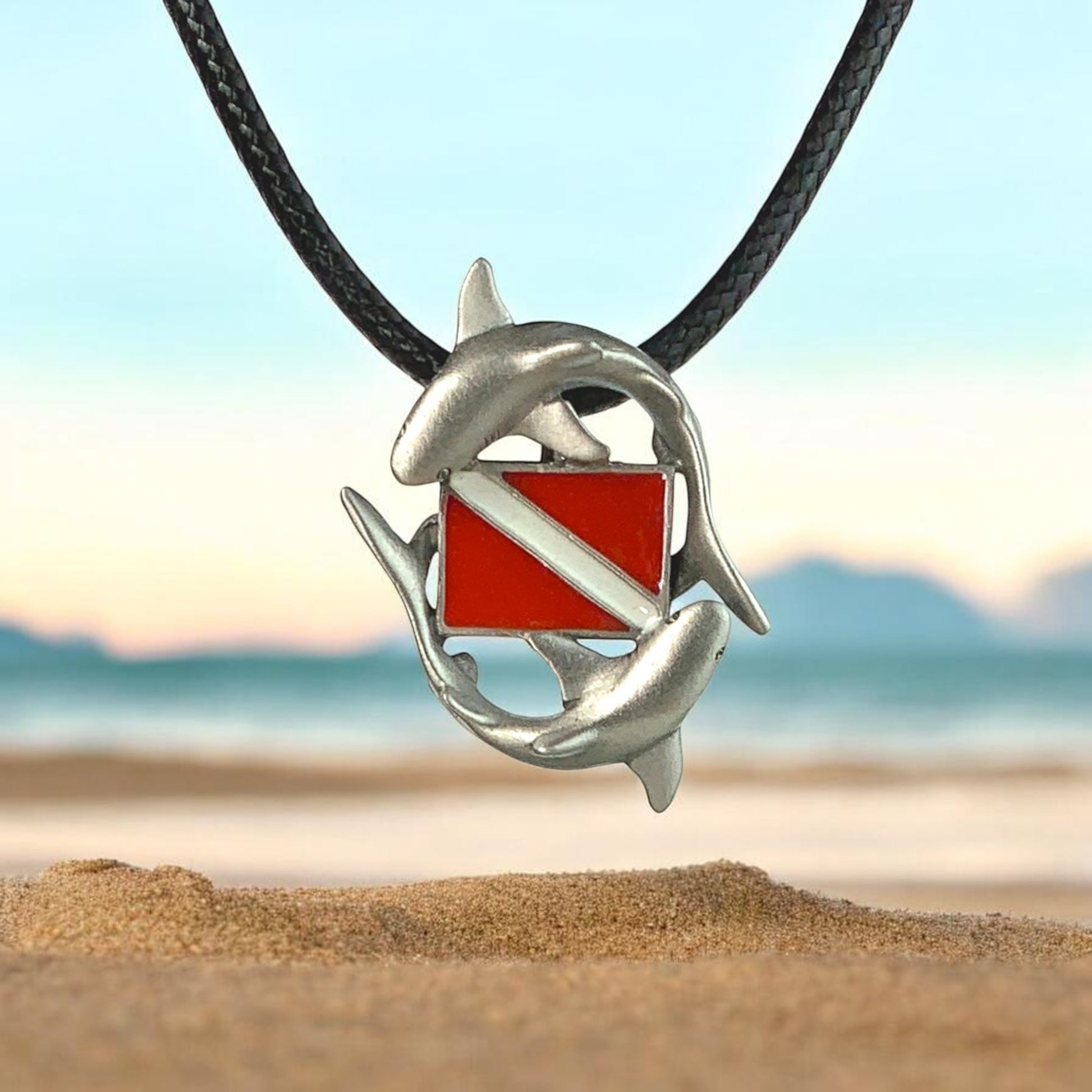 Sharks and Dive Flag Necklace – Diver’s Collection – Pewter - Big Blue