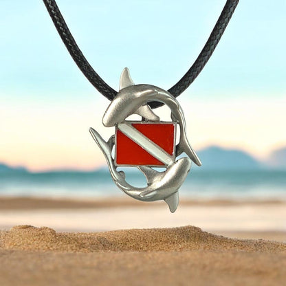 Sharks and Dive Flag Necklace – Diver’s Collection – Pewter - Big Blue