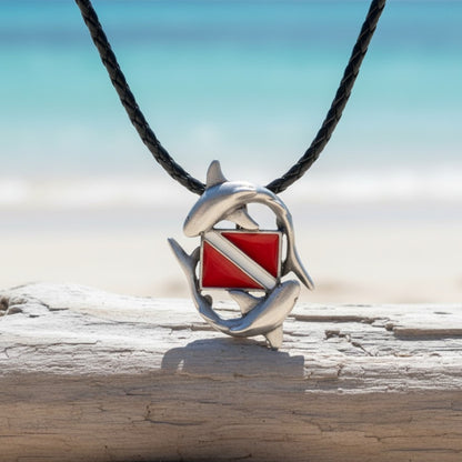 Sharks and Dive Flag Necklace – Diver’s Collection – Pewter - Big Blue