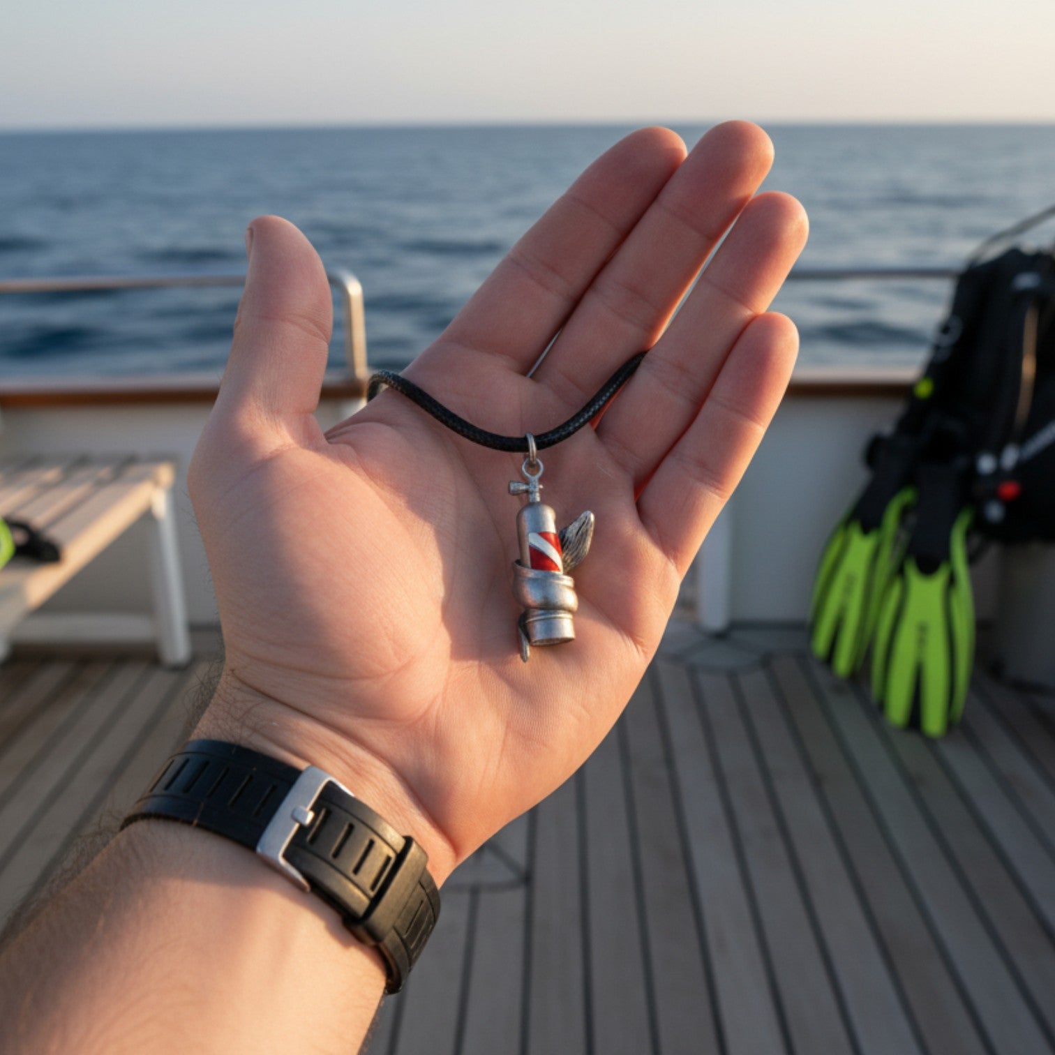 Moray Eel & Scuba Tank Necklace – Pewter on Black Cotton Cord - Big Blue