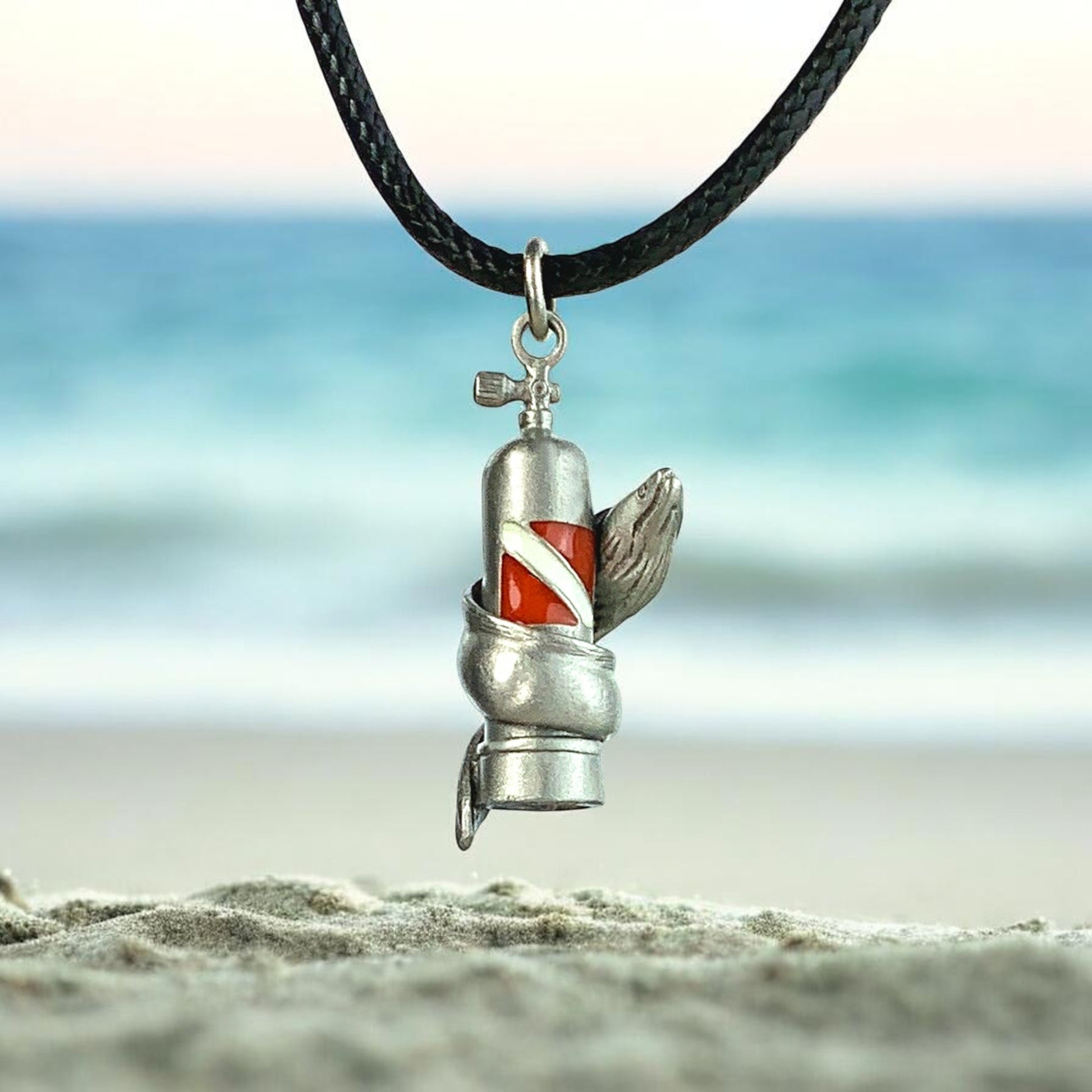 Moray Eel & Scuba Tank Necklace – Pewter on Black Cotton Cord - Big Blue