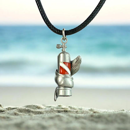 Moray Eel & Scuba Tank Necklace – Pewter on Black Cotton Cord - Big Blue