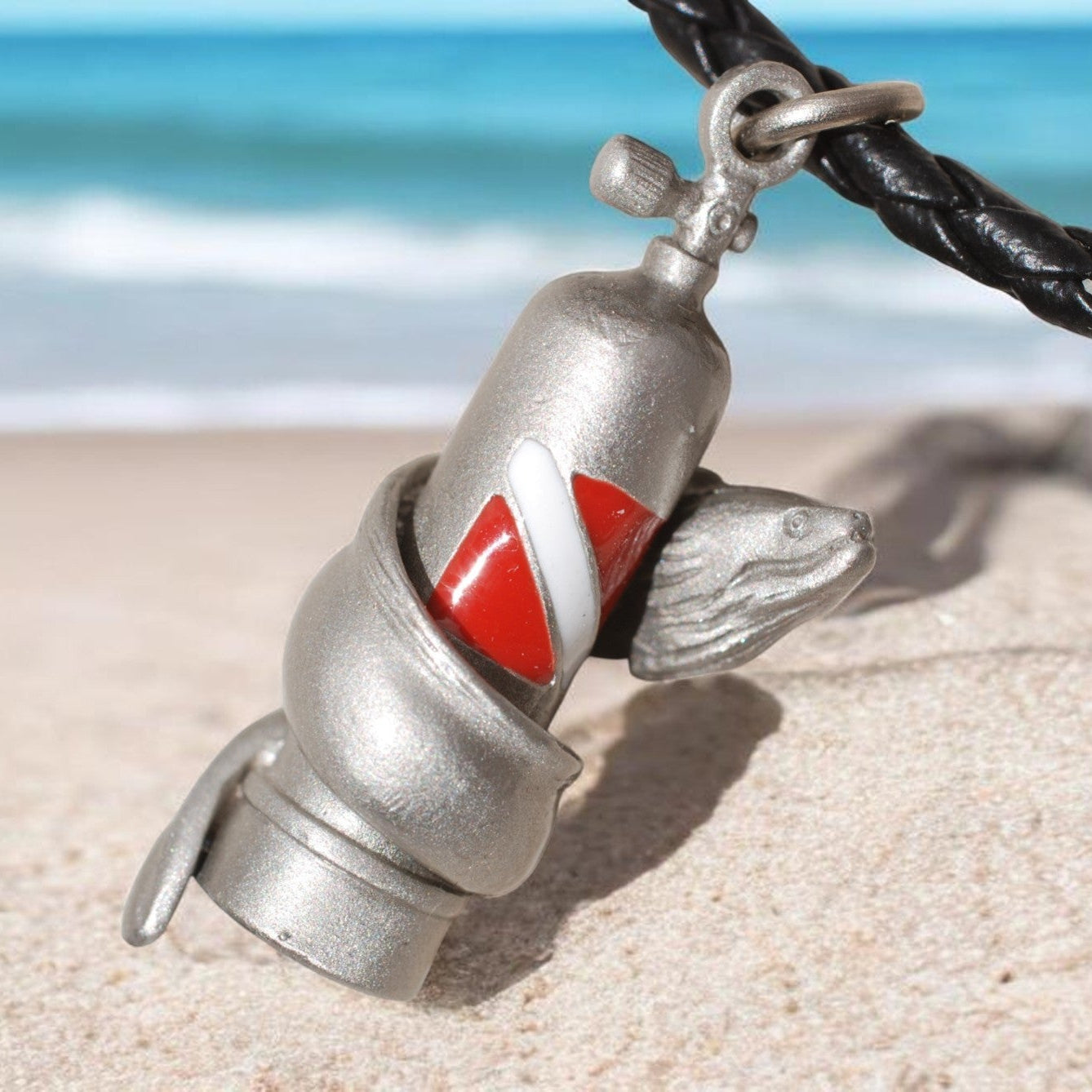 Moray Eel & Scuba Tank Necklace – Pewter on Black Cotton Cord - Big Blue