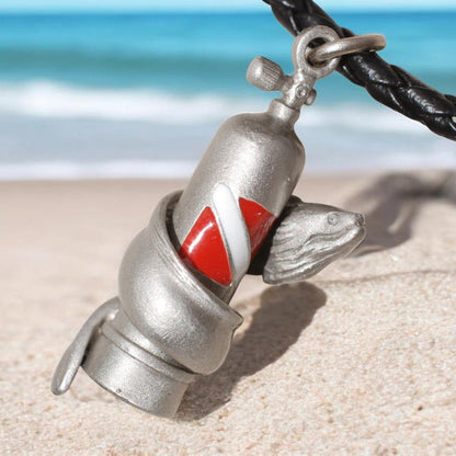 Moray Eel & Scuba Tank Necklace – Pewter on Black Cotton Cord - Big Blue