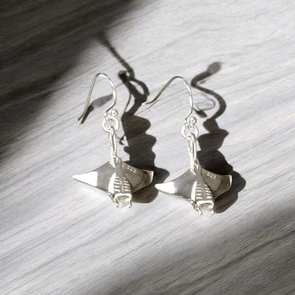 Stingray Earrings Sterling Silver- Manta Ray Sterling Silver Drop Earrings, Manta Ray Earrings, Stingray Charm, Sea Life Sterling Silver Drop Earrings - Big Blue