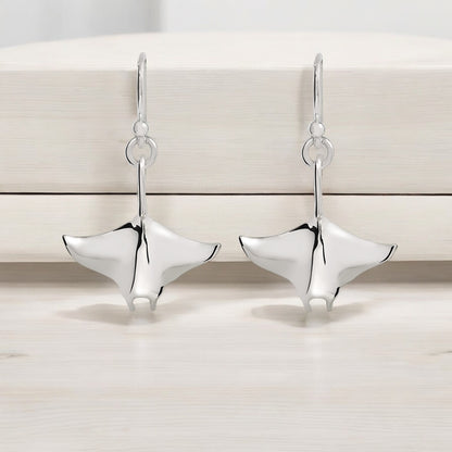 Stingray Earrings Sterling Silver- Manta Ray Sterling Silver Drop Earrings, Manta Ray Earrings, Stingray Charm, Sea Life Sterling Silver Drop Earrings - Big Blue