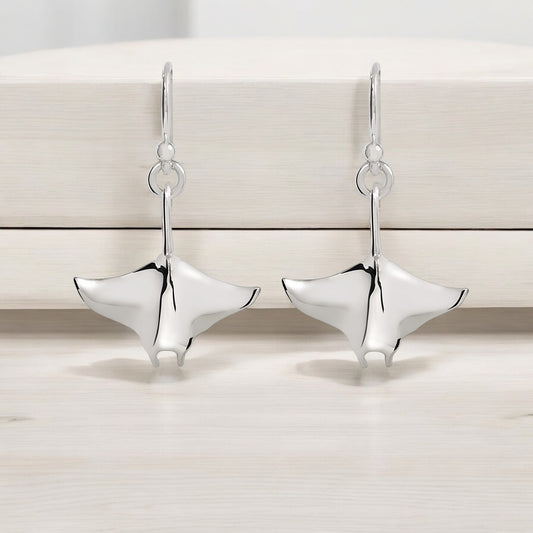 Stingray Earrings Sterling Silver- Manta Ray Sterling Silver Drop Earrings, Manta Ray Earrings, Stingray Charm, Sea Life Sterling Silver Drop Earrings - Big Blue