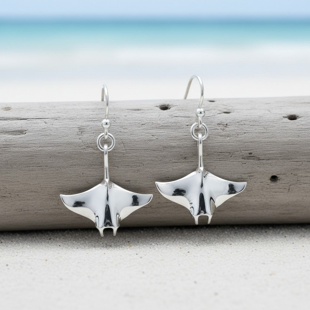 Manta Ray Drop Earrings – Sealife Collection - Sterling Silver - Big Blue