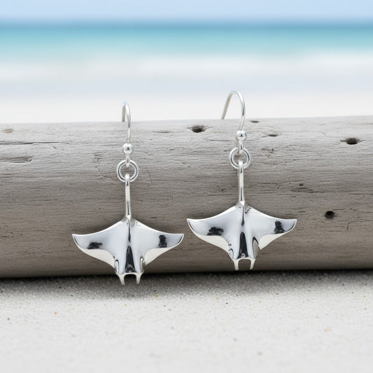 Manta Ray Drop Earrings – Sealife Collection - Sterling Silver - Big Blue