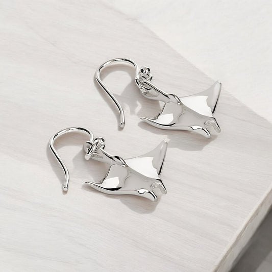 Stingray Earrings Sterling Silver- Manta Ray Sterling Silver Drop Earrings, Manta Ray Earrings, Stingray Charm, Sea Life Sterling Silver Drop Earrings - Big Blue