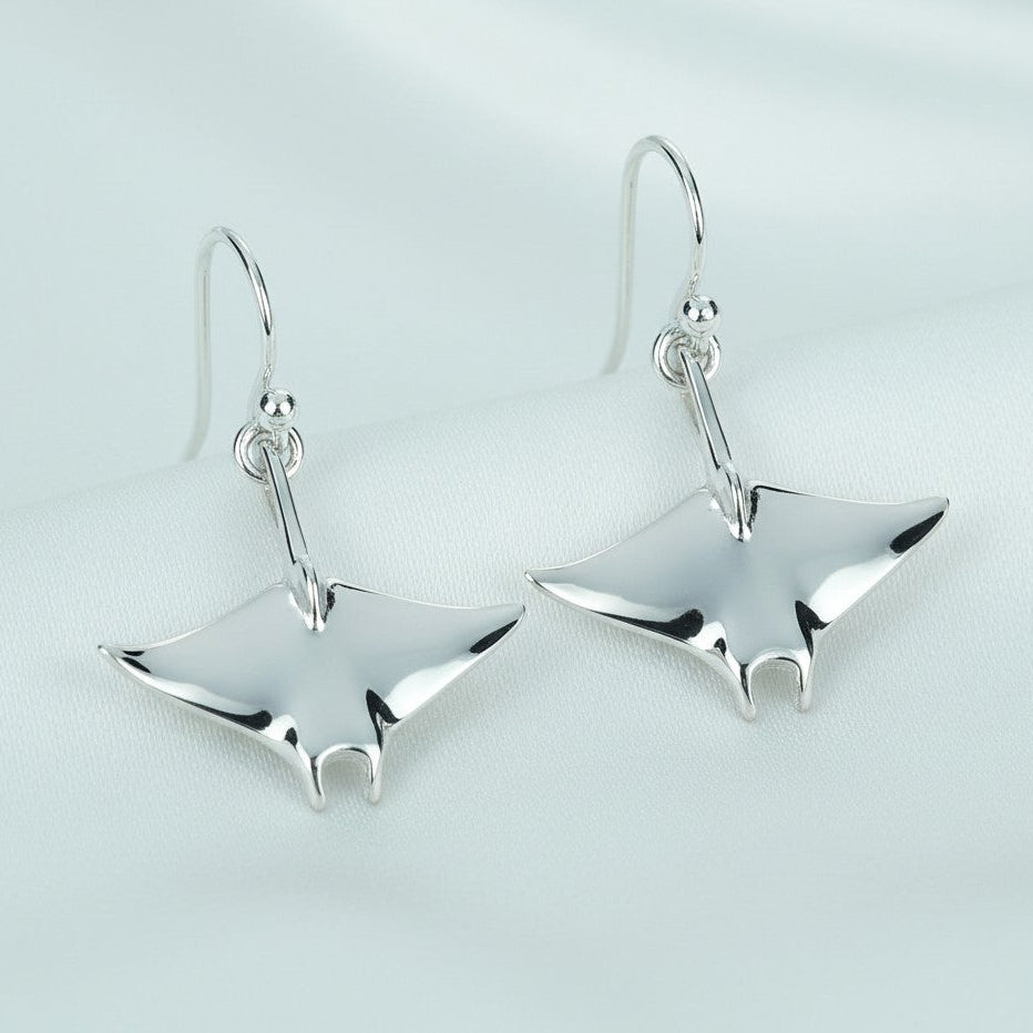 Manta Ray Drop Earrings – Sealife Collection - Sterling Silver - Big Blue