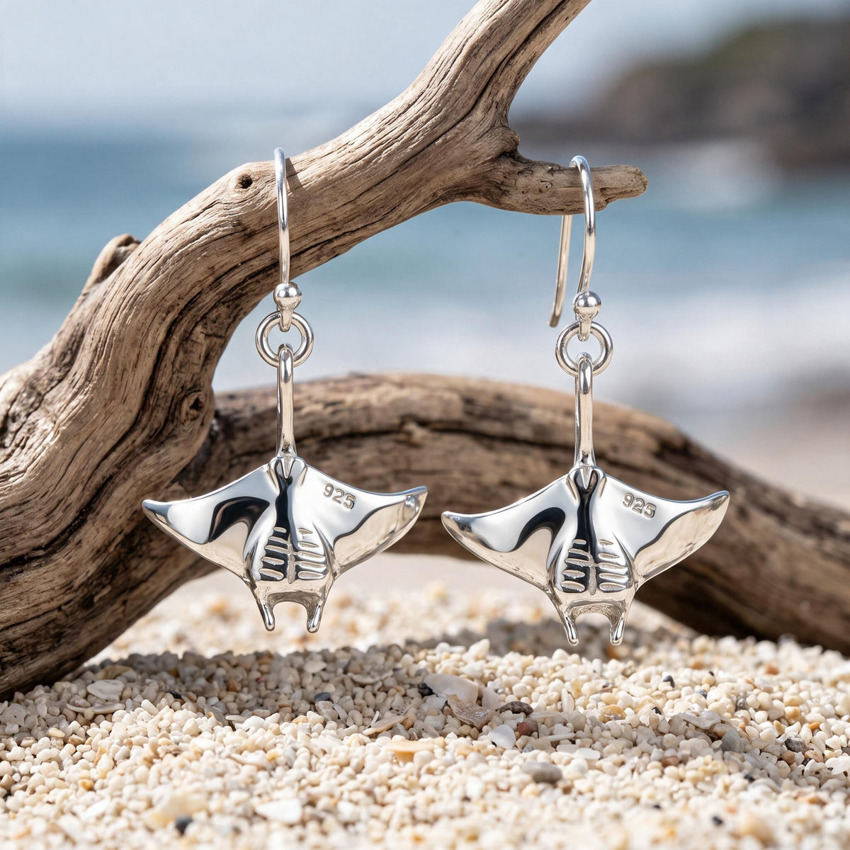Manta Ray Drop Earrings – Sealife Collection - Sterling Silver - Big Blue