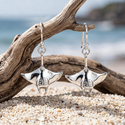 Manta Ray Drop Earrings – Sealife Collection - Sterling Silver - Big Blue