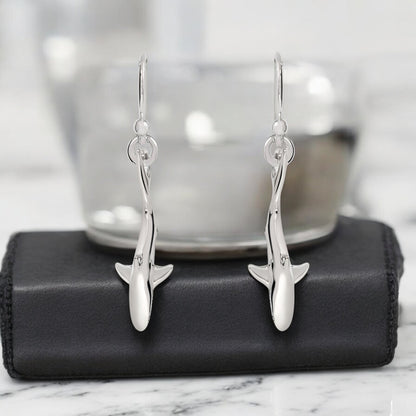 Shark Earrings for Women Sterling Silver- Shark Drop Earrings, Sterling Silver Shark Dangle Earrings, Gifts for Shark Lovers, Shark Charm Earrings - Big Blue