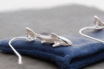 Shark Earrings for Women Sterling Silver- Shark Drop Earrings, Sterling Silver Shark Dangle Earrings, Gifts for Shark Lovers, Shark Charm Earrings - Big Blue